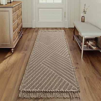 H.VERSAILTEX Waffle Bath Runner Rug Long Bath Mat Super Absorbent Boho Bath Rugs Non Slip Bath Runner for Bathroom Floor Machine Washable Dry Fast Bathroom Rugs with Tassels, 24" x 72", Irish Cream