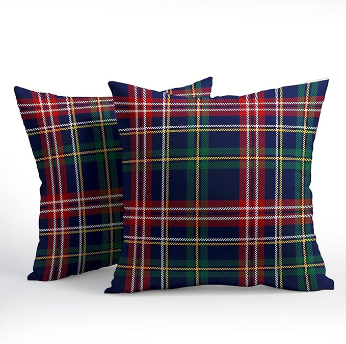 Christmas Tartan Pillow Covers 22x22 Set of 2 Navy Blue Green Red Plaid Print Decorative Outdoor Xmas Throw Pillow Cases Rustic Winter Holiday Decoration Farmhouse Sofa Couch Cushion Cover Bed Decor