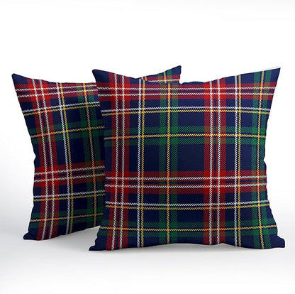 Christmas Tartan Pillow Covers 16x16 Set of 2 Navy Blue Green Red Plaid Print Decorative Outdoor Xmas Throw Pillow Cases Rustic Winter Holiday Decoration Farmhouse Sofa Couch Cushion Cover Bed Decor