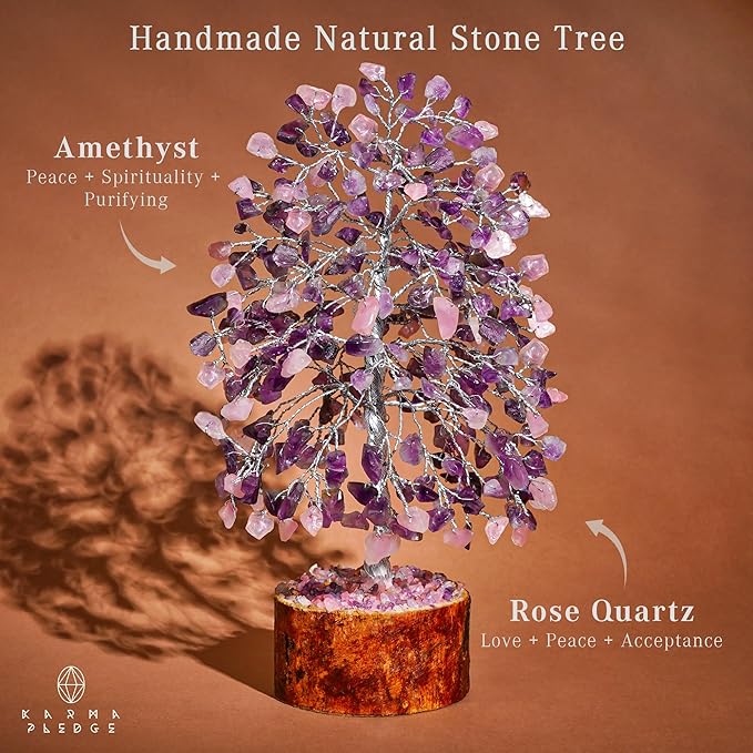 Chakra Healing Crystal Tree of Life for Birthday Gifts for Women, Home and Office Decor for Positive Energy & Good Luck, Spiritual Gifts, Feng Shui Money Trees (Rose, Amethyst Dual Beads)