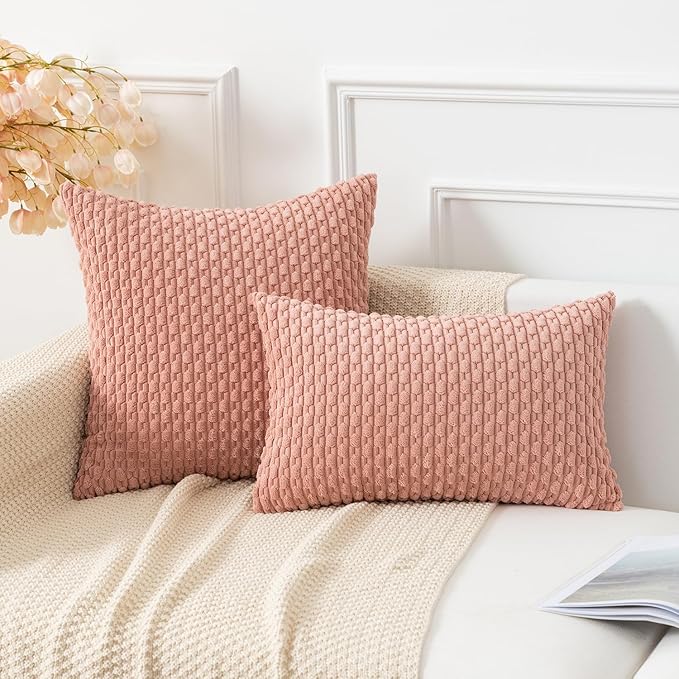 Kevin Textile Throw Pillow Covers Soft Corduroy Decorative Set of 2 Valentines Day Boho Striped Pillow Covers Pillowcases Farmhouse Home Decor for Couch Bed Sofa Living Room 16x16 Inch Baby Pink