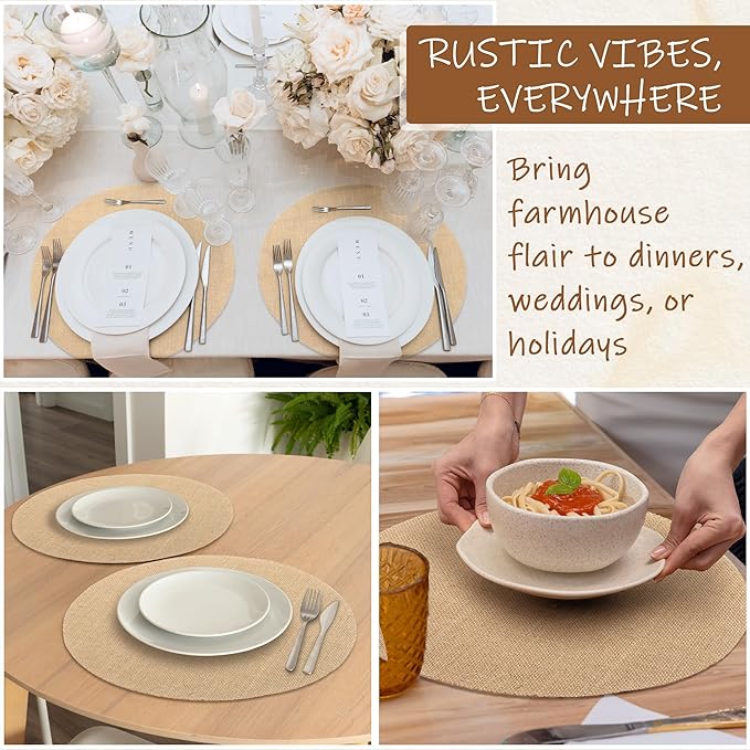 Kochorie 50 Pieces Burlap Placemats 15 Inch Round Reusable Brown Table Mats Natural Jute Fibers Placemats Bulk Circle Rustic Table Decorations for Dining Wedding Holiday Farmhouse Supplies