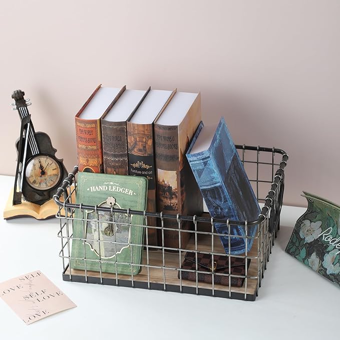 Set of 3 Rectangular Sturdy Hand Welded Farmhouse Metal Wire Basket with Rustic Wooden Bottom For Shelves, Closet Storage Bins for Shelves. Also For Laundry, Towel, Spice Rack, Tool Box (SET OF 3)