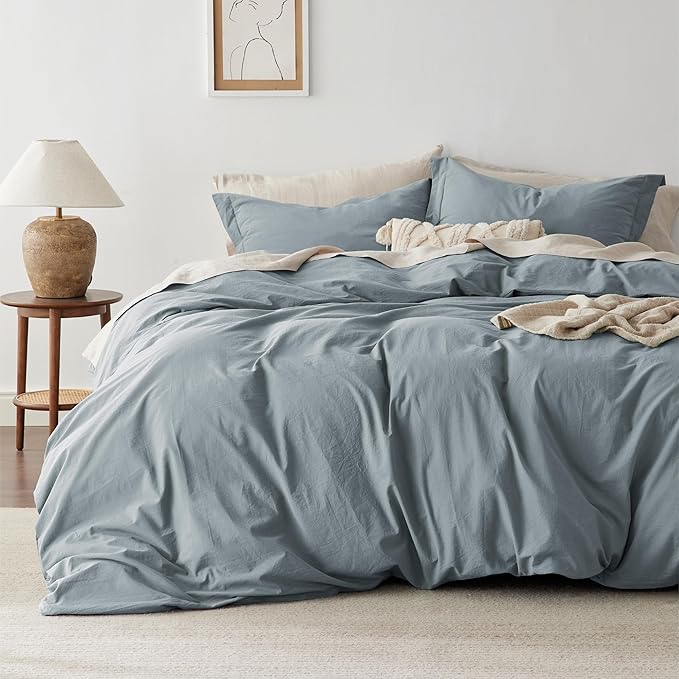 Bedsure 100% Washed Cotton Duvet Cover Queen Size - Dusty Blue Minimalist Cotton Bedding Linen Like for All Seasons - GentleSoft™ Plain Simple Duvet Cover, 3 Pieces (Dusty Blue, Queen, 90"x90")