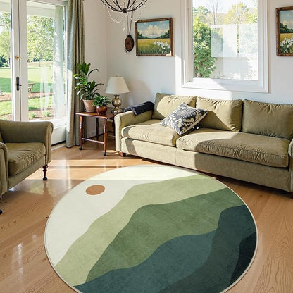 Sunrise Circle Area Rug 5ft, Large Round Rugs for Living Room Non-Slip Washable Bedroom Carpet, Mountain Modern Throw Mat for Dining Room Nursery Classroom(Green)