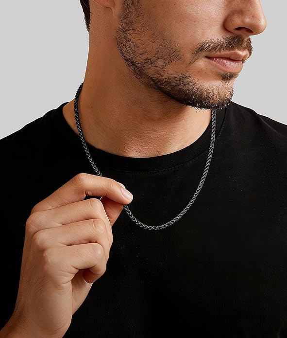 Jewlpire 4mm Wheat Chain Necklace for Men, Silver Tone/Black/14K Gold Plated Stainless Steel Necklace Chain, Mens Chains Necklaces 16 18 20 22 24 26 Inch