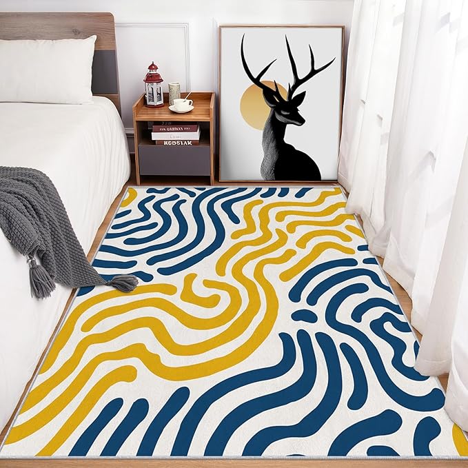 8x10 Abstract Wavy Line Rugs for Bedroom Decor, Washable Yellow Blue Lines Pattern Area Rug, Living Room Home Decoration, Non Slip Soft Thin, Abstract Art Decor Large Carpet PF-P 56