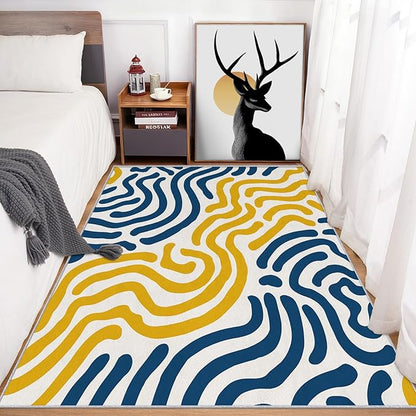 3x5 Abstract Wavy Line Rugs for Bedroom Decor, Washable Yellow Blue Lines Pattern Area Rug, Living Room Home Decoration, Non Slip Soft Thin, Abstract Art Decor Carpet PF-P 56