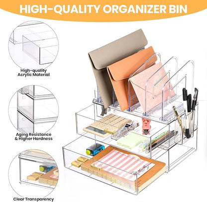 Acrylic Desk Organizer with Drawer, Office Supplies,Organization Storage, 2 PC Drawer Organizer with 4 File Sorter, Desk Organizers and Accessories, Clear Acrylic File Organizer
