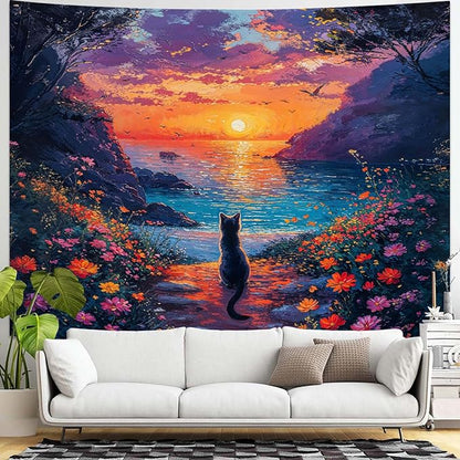 kampdream Landscape Tapestry, Scenery Art Wall Tapestries, Nature Wall Decor for Bedroom Living Room Backdrop Sunset Cat 36×48 inches