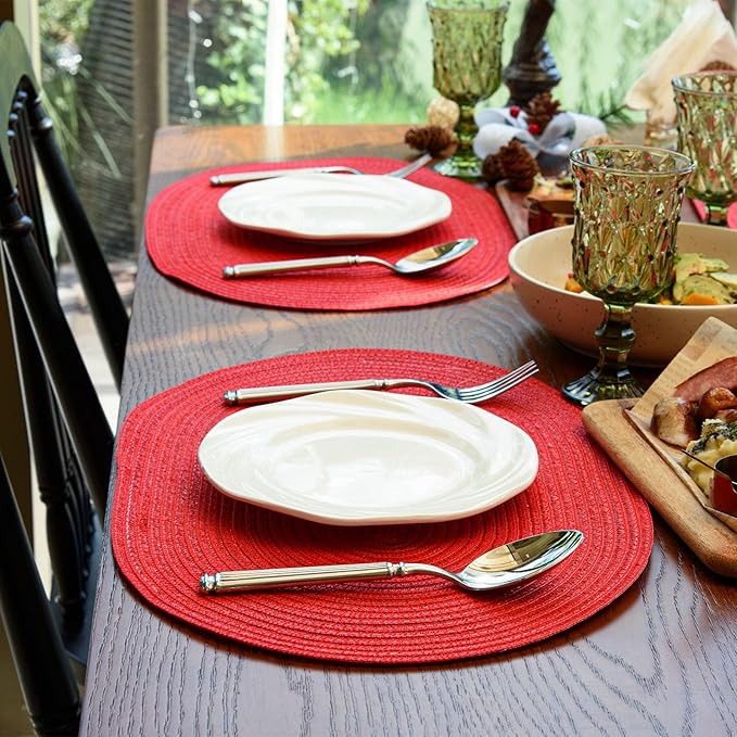 Noctiflorous Oval Braided Placemats Set of 4 Woven 12x18 Inch Non Slip Washable Heat Resistant Place Mats Round Tablemats for Dining Kitchen Party Daily Table Decor Dinner Mats (Red Shine, 4)