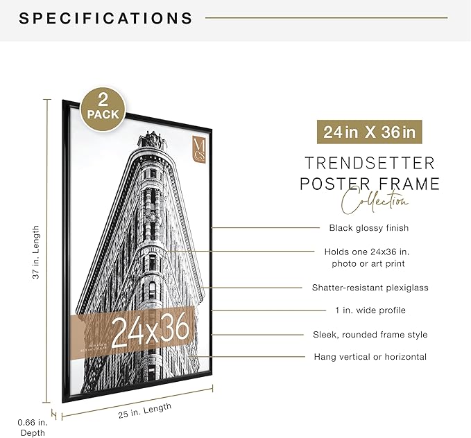 MCS Trendsetter 24x36 Poster Frame Black High-Gloss, Vertical & Horizontal Wall Hanging Large Picture Frame for Photos, Posters & Art Prints (2-Pack)