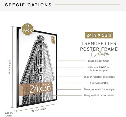 MCS Trendsetter 24x36 Poster Frame Black High-Gloss, Vertical & Horizontal Wall Hanging Large Picture Frame for Photos, Posters & Art Prints (2-Pack)
