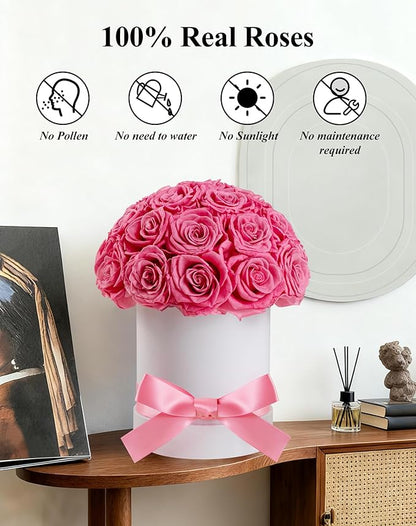 27 Forever Roses Dome in Luxury White Box, Eternal Real Roses Birthday Gifts for Women, Preserved Flowers for Delivery Prime, Anniversary, Valentine's Day, Mothers Day for Mom (Pink)