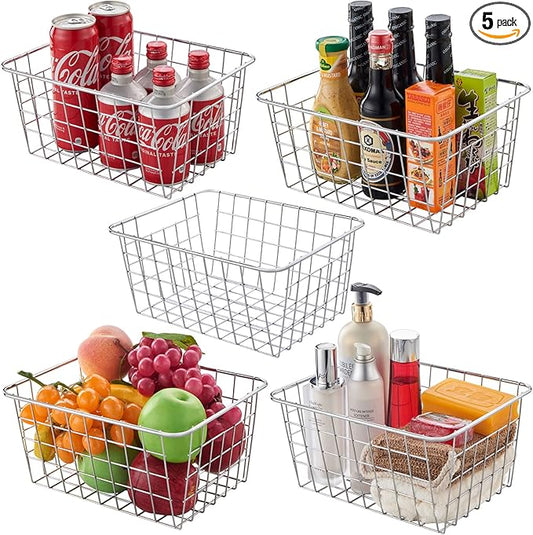 Wire Kitchen Storage Basket 5 Packs,Perfect Pantry Organization Accessories Baskets,Laundry Basket,Countertop Organization,Suitable for Kitchen,bathroom,bedroom,Tabletop,Stackable,Chrome