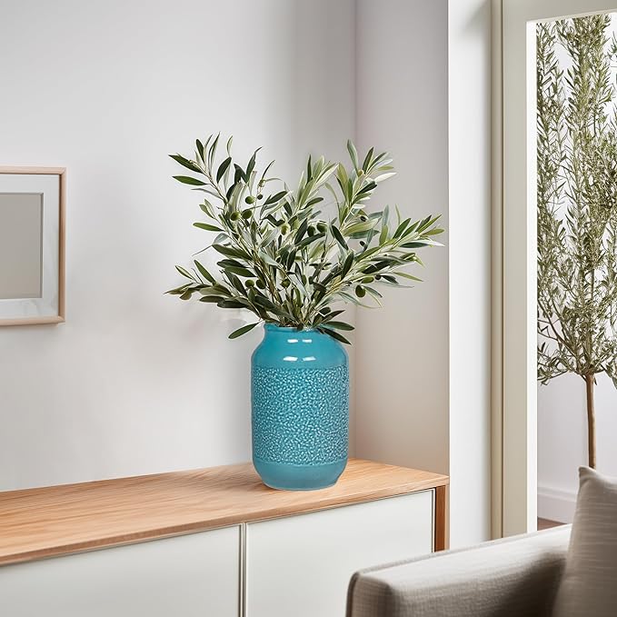 9 Inch Blue Ceramic Vase for Flowers - Textured Teal Cylinder Vase for Table Centerpieces, Modern Boho Vases Home Decor, Living Room, Kitchen Decor