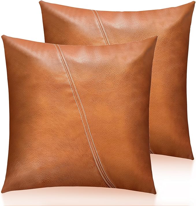 Faux Leather Throw Pillow Covers 24X24 Inch Barcelona Brown Outdoor Modern Farmhouse Solid Decorative Pillow Covers for Room Couch Living Bedroom Bed Sofa