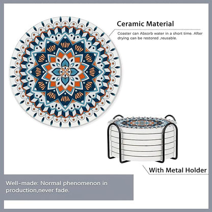 6 Pcs Coasters for Drinks with Holder,Flower Mandala Boho Absorbent Coaster with Cork Backing,Great Gift for Housewarming,Room Decor,Bar,Holiday Party