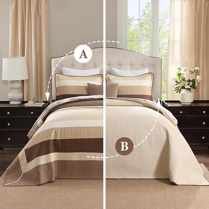 SahSahCasa 120"x120" 100% Cotton Oversized California King Bedspread Coverlet Quilt Set, Cal King Quilted Striped Bedspread Extra Large Quilt, XL Bed Spread Lightweight Comforter, Brown/Beige