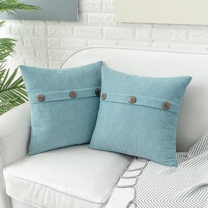 HWY 50 Light Blue Chenille Throw Pillow Covers 18x18 Inch with Triple Buttons, Soft Farmhouse Accent Decorative Cushion Cases for Couch Sofa Bed Living Room Pack of 2