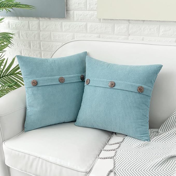 HWY 50 Light Blue Chenille Throw Pillow Covers 20x20 Inch with Triple Buttons, Soft Farmhouse Accent Decorative Cushion Cases for Couch Sofa Bed Living Room Pack of 2