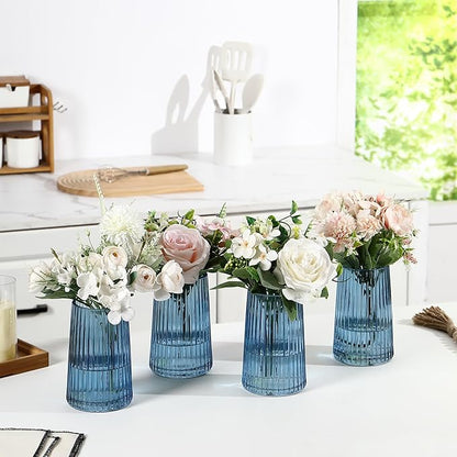 Blue Glass Vases Set of 4, Small Vases for Flowers, Flower Vase for Bouquet, Modern Ribbed Glass Vase for Living Room, Bedroom, Dining Table, Office, Wedding, Centerpieces