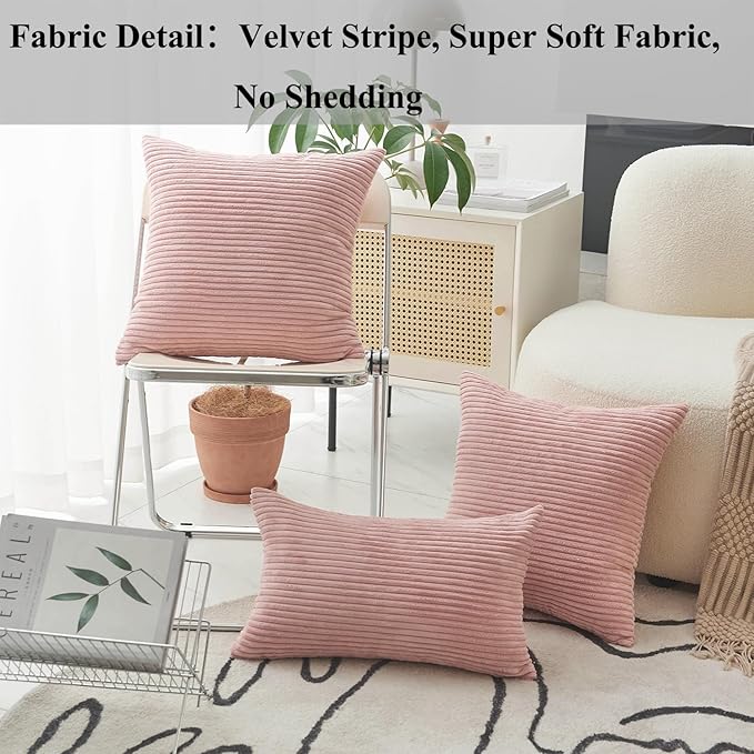 Home Brilliant Throw Pillow Covers Pink Couch Pillow Covers 18x18 Decoration Supersoft Striped Velvet Corduroy Decorative Pillowcases for Bedroom Girls Gift, 18 x 18 inch, Baby Pink