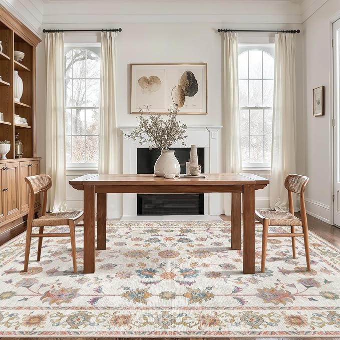 Tangsoo Washable Area Rug, 8x10 Pottery Barn Neutral Floral Large Rugs for Bedroom Living Room, Vintage Boho Non Slip Low Pile Beige Carpet for Farmhouse Nursery Office Laundry, Pet & Child Friendly