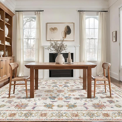 Tangsoo Washable Area Rug, 8x10 Pottery Barn Neutral Floral Large Rugs for Bedroom Living Room, Vintage Boho Non Slip Low Pile Beige Carpet for Farmhouse Nursery Office Laundry, Pet & Child Friendly