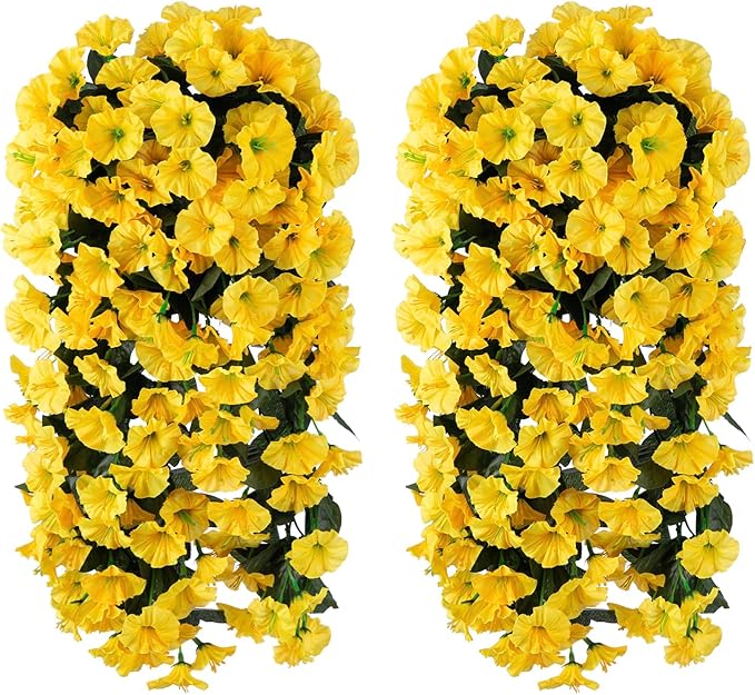 HyeFlora Artificial Fake Hanging Flowers Plants for Outdoor Outside Decoration, 2PCS Faux Silk UV Resistant Look Real Yellow Morning Glory Trailing Vines for Home Planter Porch Patio Balcony