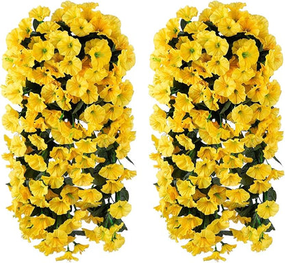 HyeFlora Artificial Fake Hanging Flowers Plants for Outdoor Outside Decoration, 2PCS Faux Silk UV Resistant Look Real Yellow Morning Glory Trailing Vines for Home Planter Porch Patio Balcony