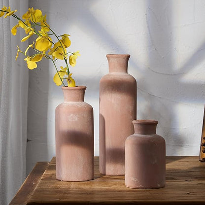 LUKA Ceramic Rustic Farmhouse Vase,Terracotta Vases for Decor,Vase Set of 3,Vases for Your Bedroom,Office,Living Room,Fireplace,Bookshelf Decor,Housewarming 10+7.5+5 Inch