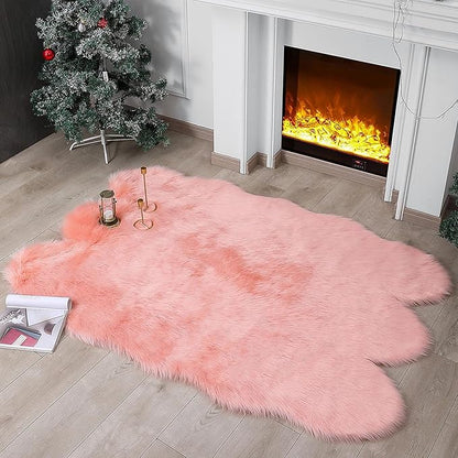 Faux Fur Rug Sheepskin Shag Fluffy Fuzzy Pink 4x6 ft Rugs for Bedroom Bedside Bed Floor Living Room Plush High-Density Cushion Carpet Super Sofa Cover
