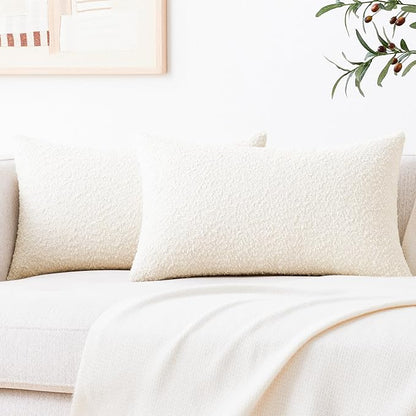 Mixhug Decorative Boucle Throw Pillow Covers, Cream, 12 x 20 Inches, Pack of 2 - Textured Boho Pillow Covers for Couch and Bed