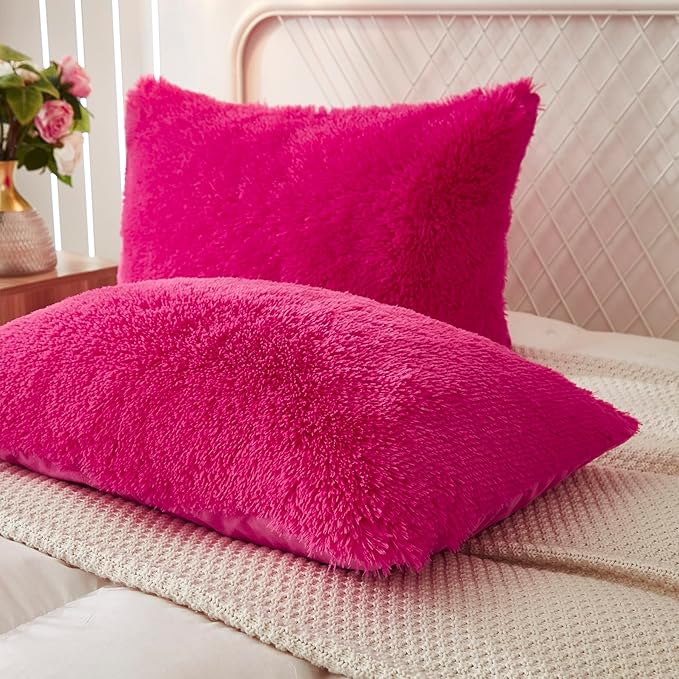 Uhamho Set of 2 Pillowcases Faux Fur Throw Pillow Covers King Size Shams Soft Velvet Decorative Zipper Closure (Hot Pink, 20"x36")