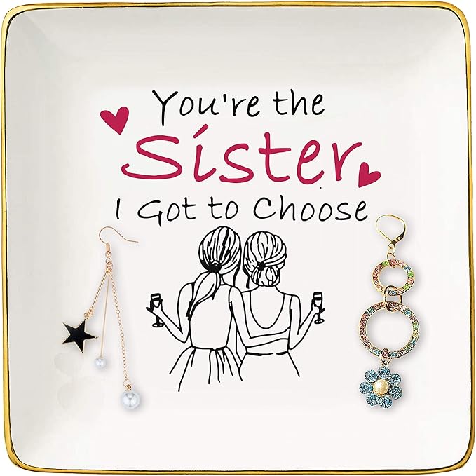 Topthink Birthday Anniversary Wedding Christmas Gifts for Sis,Soul Sister,Best Friend,Women,Bestie-You're the Sister I Got to Choose–Ceramic Jewelry Holder Ring Dish Trinket Box Tray