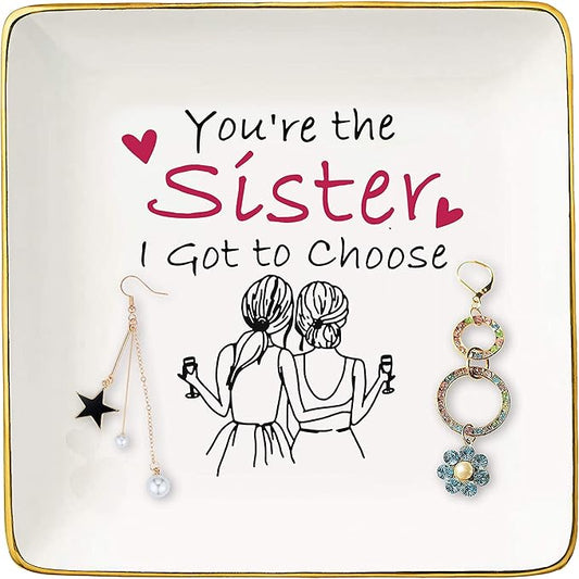 Topthink Birthday Anniversary Wedding Christmas Gifts for Sis,Soul Sister,Best Friend,Women,Bestie-You're the Sister I Got to Choose–Ceramic Jewelry Holder Ring Dish Trinket Box Tray