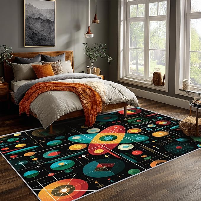 Mid Century Small Rug 2x3 Retro Abstract Space Geometric Pattern, Washable Entryway Bedroom Kitchen Doormat, Mid Century Decor for Home, Soft Non Slip Indoor Door Mat, Low Pile Design & G847