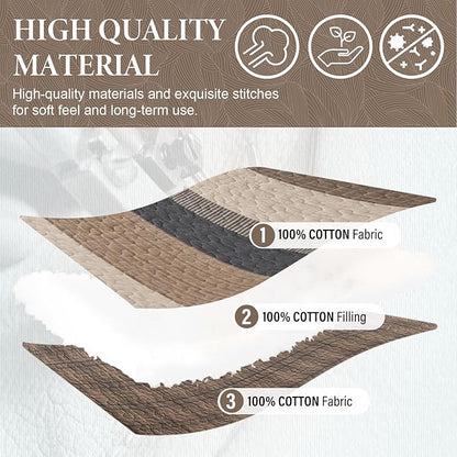 SahSahCasa 120"x102" 100% Cotton Oversized Queen Bedspread Coverlet Quilt Set, Queen Quilted Striped Bedspread Extra Large Quilt, XL Bed Spread Lightweight Comforter, 3pc, Charcoal/Beige/Brown