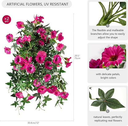 Artificial Flowers Artificial Petunias for Outdoors 2PCS Artificial Hanging Plants Outdoors Silk Flowers with Stems Outdoor Flowers Uv Resistant for Porch Terrace Decor，Rose Red，Without Pot