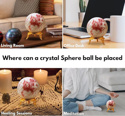 Amazing Gemstone Cinnabarite Crystal Ball with Stand - 1.5 Inches Crystal Sphere Meditation Balls for Witchcraft and Decorative Balls