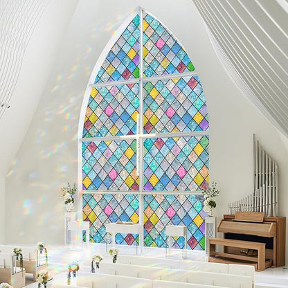 rabbitgoo Stained Glass Window Film Rainbow Film Decorative 3D Privacy Sticker Colorful Lattice Window Decals Cling, Sun Catcher Static Decals for Home 17.5"×78.7"