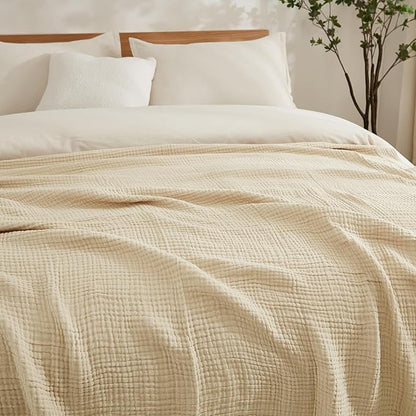 EMME Cotton Throw Blanket Large 50"x70" Gifts for Women 100% Muslin for Couch Breathable Gauze All Season Light Tan Soft and Lightweight Pre-Washed