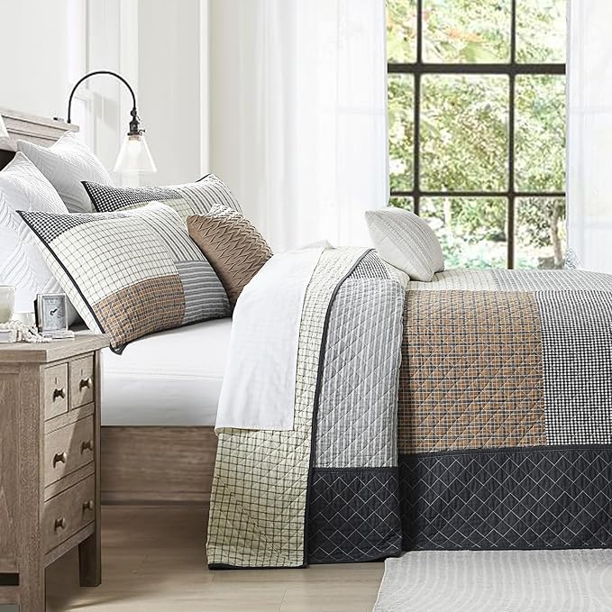 SahSahCasa 100% Cotton 120"x102" Oversized Bedspread Coverlet Quilt Set Queen Size, Queen Quilted Bedspread Extra Large Quilt, Patchwork XL Bed Spread Lightweight Comforter, Brown/Cream/Gray