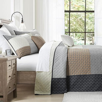 SahSahCasa 100% Cotton 120"x102" Oversized Bedspread Coverlet Quilt Set Queen Size, Queen Quilted Bedspread Extra Large Quilt, Patchwork XL Bed Spread Lightweight Comforter, Brown/Cream/Gray