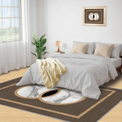 Brown Marble Bedroom Rug Vintage Mid-Century Geometric Rug Marble Pattern Decor Rugs Circle Rectangle Gilded Geometry Floor Mat Elegant Decor for Living Room 7x9ft