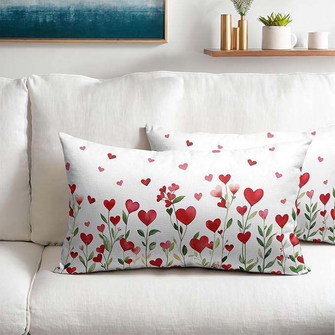 Valentines Day Pillow Covers 12x20 Set of 2 Green Red Heart Throw Pillow Covers Love Pillowcase Linen Decoration Farmhouse Holiday Cozy Soft Cushion Case Couch for Indoor Outdoor Home Decor