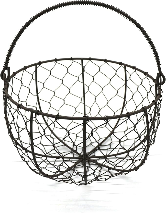 CVHOMEDECO. Round Metal Wire Egg Basket Wire Gathering Basket with Handle Country Vintage Style Storage Basket. Rusty, Dia. 8 X H 4-3/4 Inch