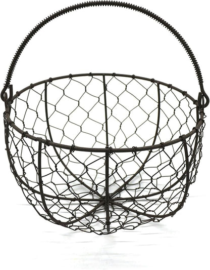 CVHOMEDECO. Round Metal Wire Egg Basket Wire Gathering Basket with Handle Country Vintage Style Storage Basket. Rusty, Dia. 8 X H 4-3/4 Inch