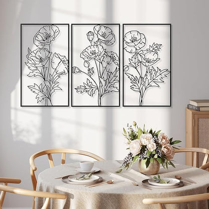 Therwen 3 Pcs Black Metal Wall Art Minimalist Wall Decor for Bedroom Flowers Decor Hanging Flower Bathroom Art Flower Line Sculpture Kitchen Decoration 16.5 x 9.8 Inch
